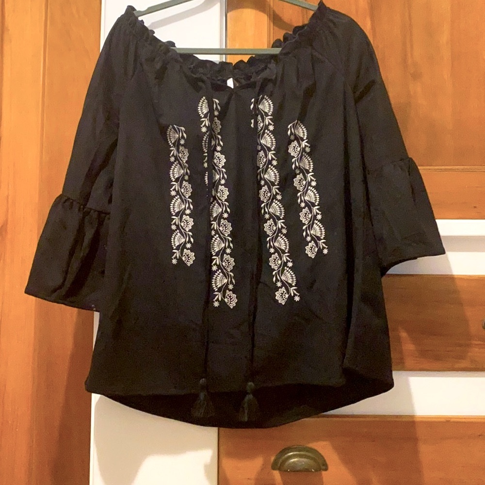 Embroidered Black Peasant Top Bell Sleeves